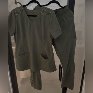 Women Scrubstar Olive Green Fun  Criss-Cross (lace up) Scrub set - Large